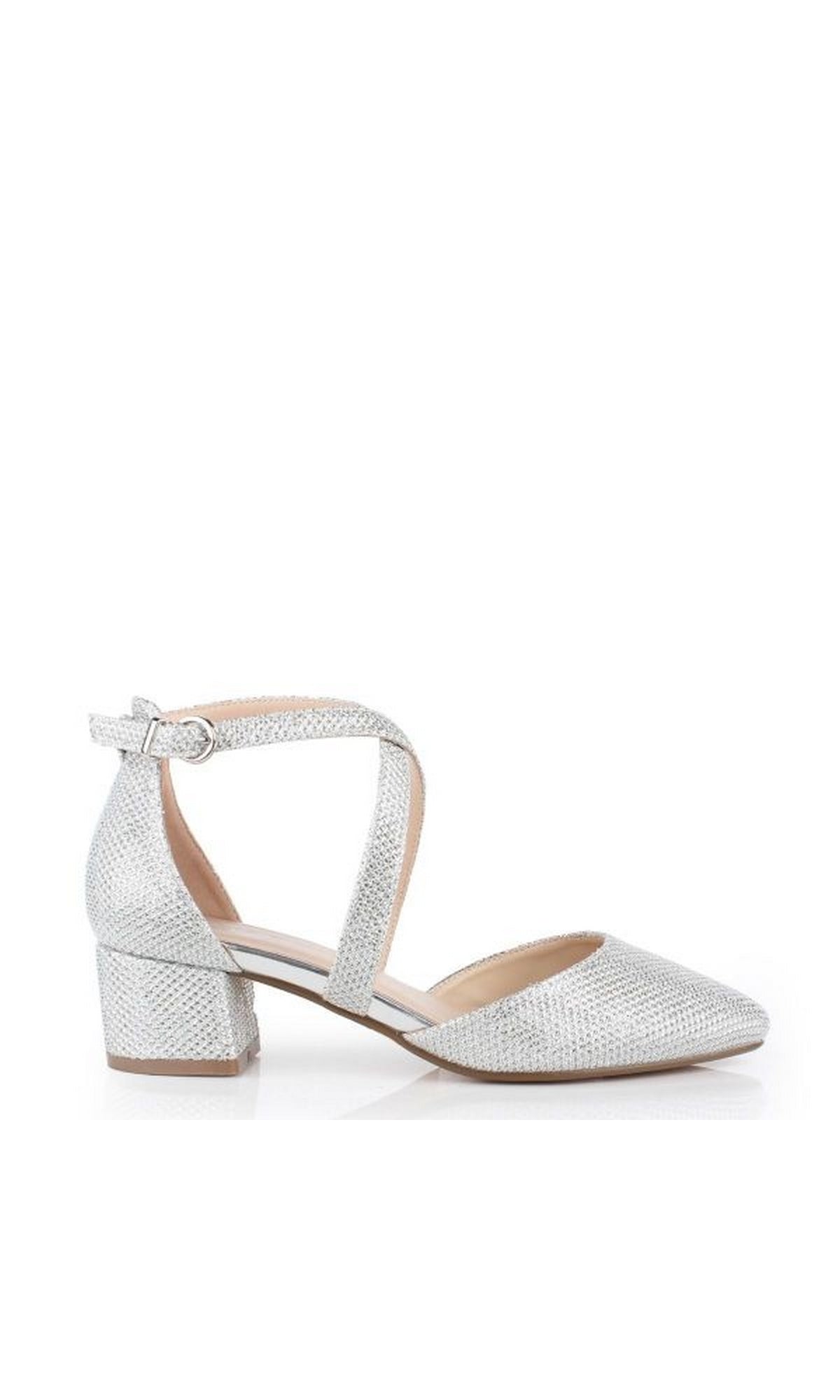 The Francis Silver P2228 Closed-Toe Prom Shoes feature a glittery silver surface, low heel, pointed toe, and a secure ankle strap with buckle—perfect for adding elegance to your special night.